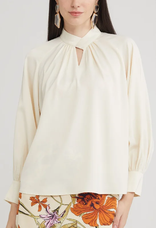 Ruffled Cuff Women Long Sleeve Top with a Feminine TouchKey Hole Criss Cross Blouse