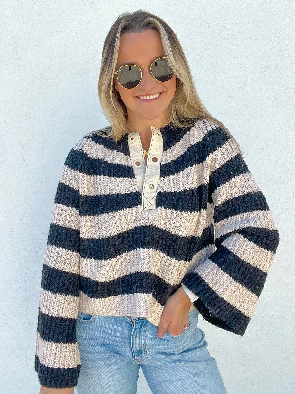 Cropped Women Long Sleeve Top to Pair with High - Waisted BottomsThe Blaire Striped Sweater