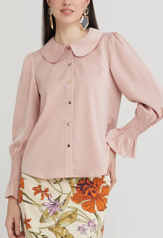 Cable - Knit Women Long Sleeve Top with a Cozy TexturePeter Pan Colar Elastic Cuff Petal Blouse