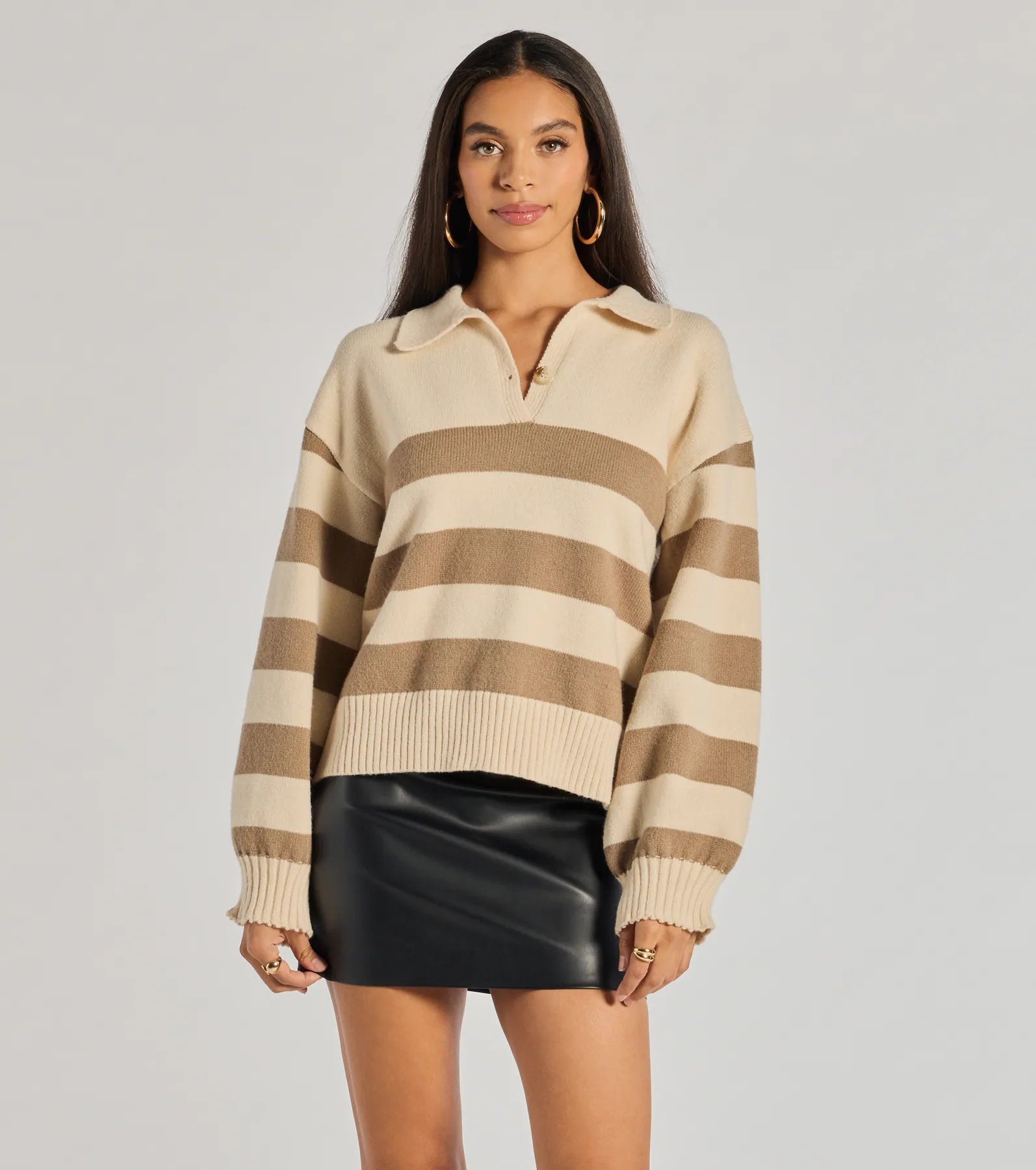 Metallic Accent Women Long Sleeve Top for a Glamorous LookStripe Sensation Collared Pullover Sweater