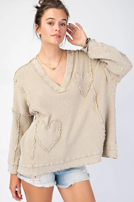 Wrap - Style Women Long Sleeve Top for a Versatile FitJANA MINERAL WASHED HEART PATCH RIB KNIT PULLOVER