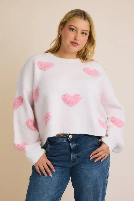 Cropped Women Long Sleeve Top to Pair with High - Waisted BottomsCONNOR ROUND NECK LONG SLEEVE HEART SWEATER