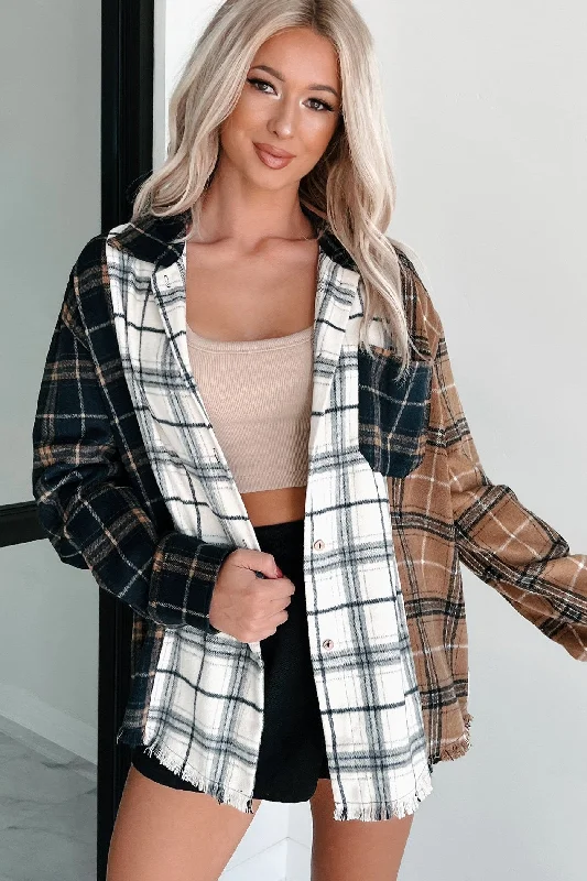 Turtleneck Women Long Sleeve Top for Cold Winter DaysBonfire Social Mixed Plaid Shacket (Multi/Navy)