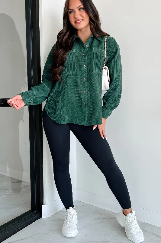 Lace - Trimmed Women Long Sleeve Top for an Elegant LookForever Wandering Corduroy Shacket (Dark Green)