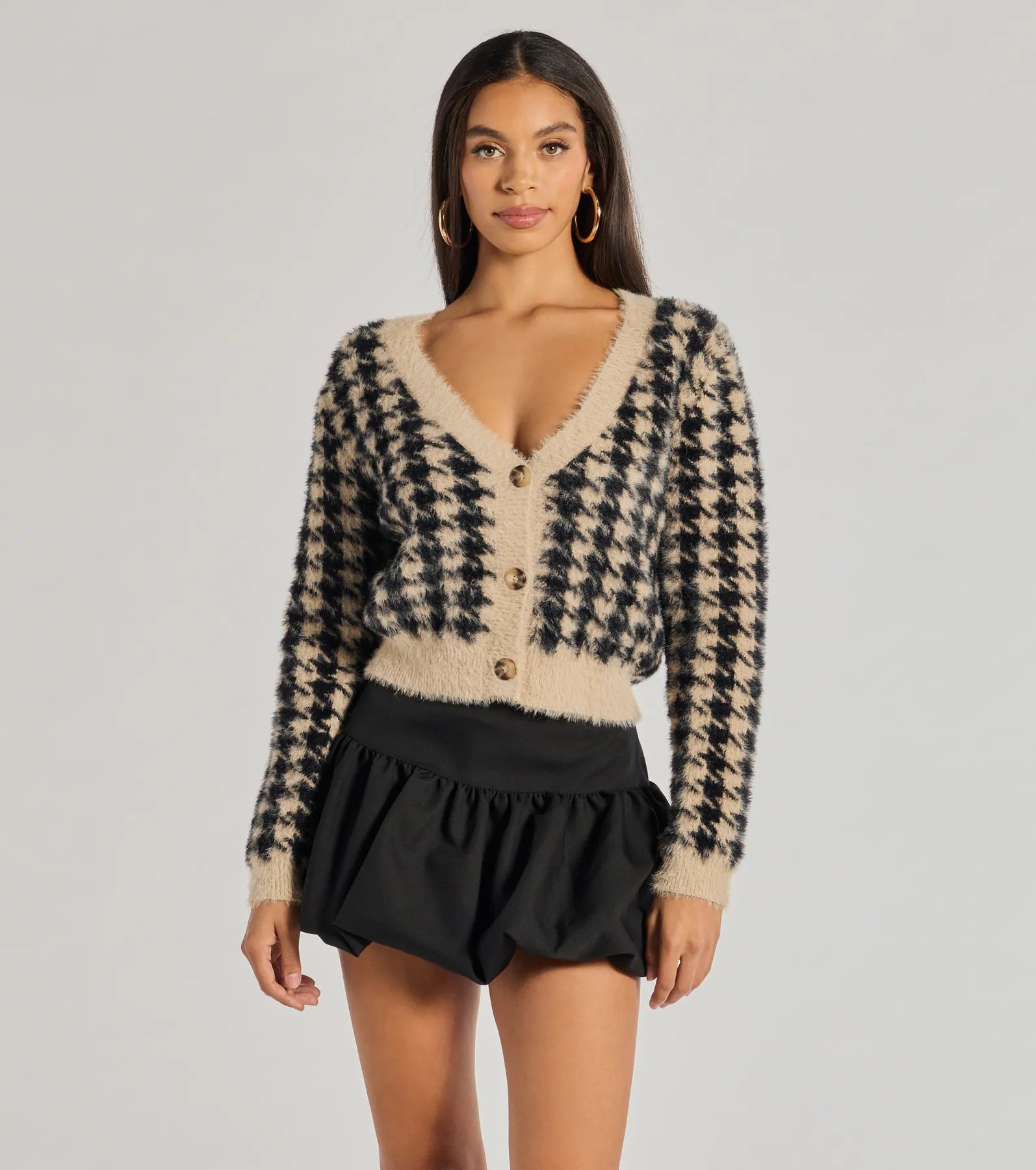 Plus Size Women Long Sleeve Top for a Flattering and Comfortable FitPolished Cozy Houndstooth Eyelash Knit Cardigan