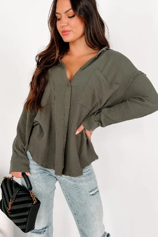 Plus Size Women Long Sleeve Top for a Flattering and Comfortable FitSimplistic Charm Oversized Cotton Gauze Shirt (Olive)