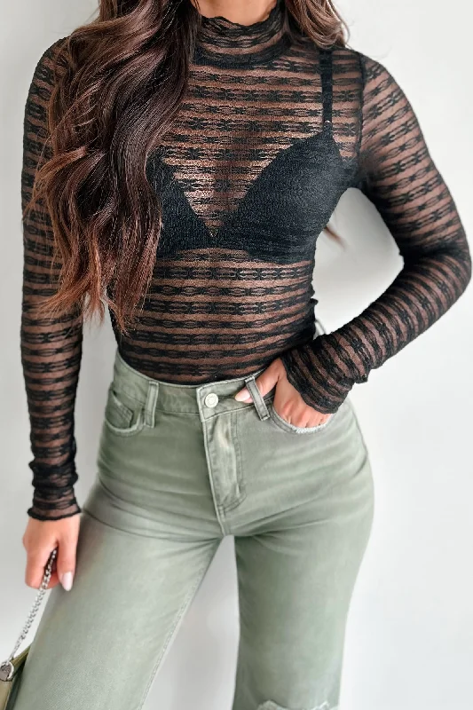 Cropped Women Long Sleeve Top to Pair with High - Waisted BottomsMood Setter Lace Long Sleeve Top (Black)