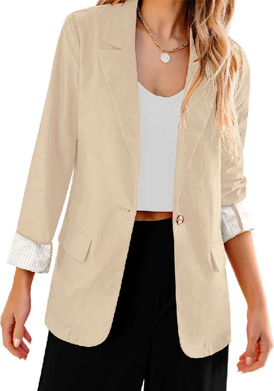 Beige Women's Business Casual Pocket Notched Lapels Blazer Long Rolled Up Sleeve Blazer Beige Women's Business Casual Pocket Notched Lapels Blazer Long Rolled Up Sleeve Blazer
