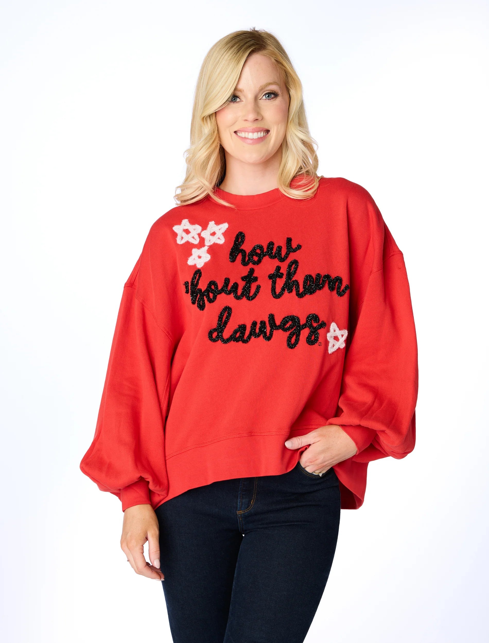 Split - Hem Women's Linen Blend Sweaters for SpringStewart Simmons The How Bout Them Dawgs Glitter Script Balloon Pullover