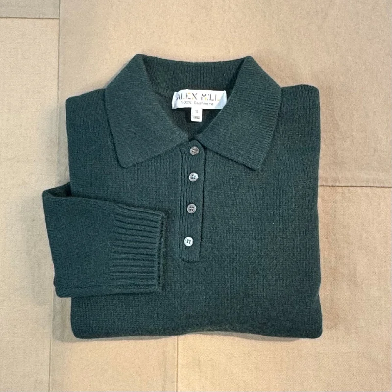 V - Neck Women's Ribbed Wool Sweaters for FallAlice Polo in Cashmere, Cypress Green