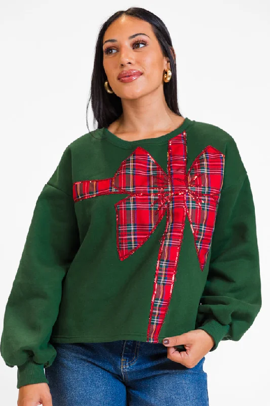 Hooded Women's Fleece - Lined Sweaters for WinterAll Tied Up Green Plaid Bow Sweatshirt