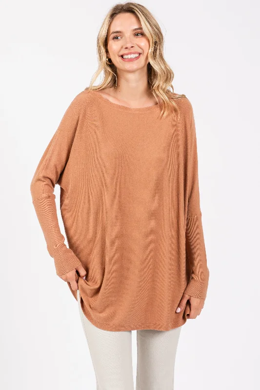 Plus Size Women's Sequined Sweaters for Special OccasionsBrown Soft Knit Boatneck Dolman Sleeve Sweater