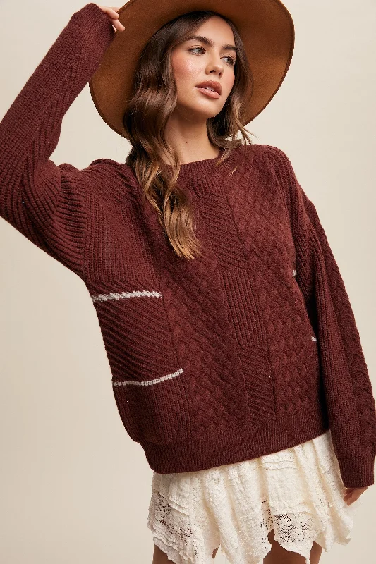 Boat Neck Women's Merino Wool Sweaters in Neutral ShadesBrown Striped Mixed Cable Knit Sweater