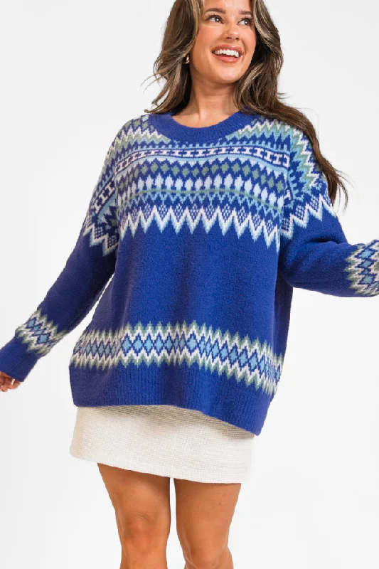 High - Low Hem Women's Cashmere - Blended SweatersBundled Up Navy Oversized Fuzzy Fair Isle Sweater