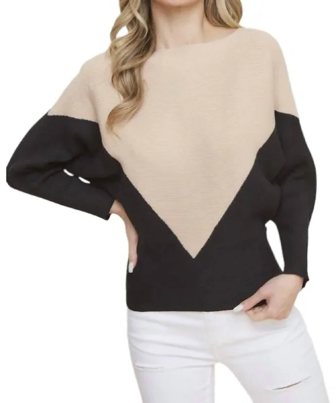 Plus Size Women's Side - Slit Sweaters in Bold SolidsCorinne Color Block Dolman Sleeve Sweater In Mocha/black