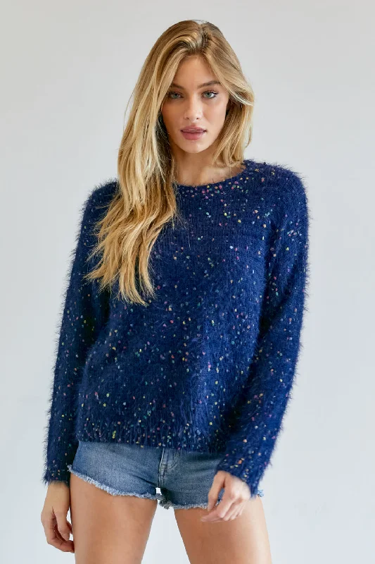 High - Low Hem Women's Cashmere - Blended SweatersHot Girl Multi Color Fuzzy Sweater In Navy