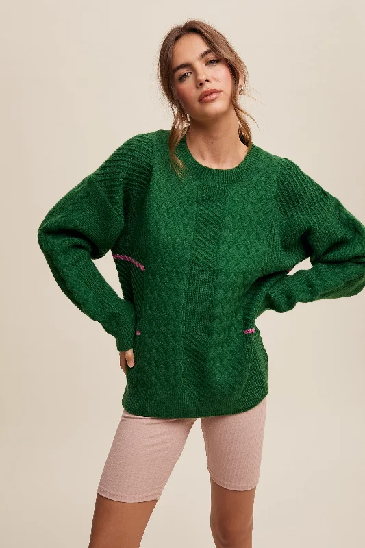 Open - Front Women's Cardigan - Style Mohair SweatersGreen Striped Mixed Cable Knit Sweater