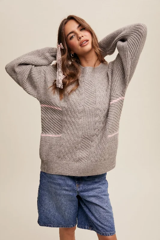 Plus Size Women's Ruffled Hem Sweaters in Floral PrintsHeather Grey Striped Mixed Cable Knit Sweater