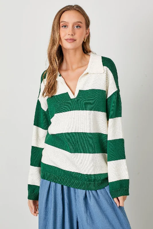 Button - Down Women's Shetland Wool Sweaters in Traditional PatternsHunter Green Wide Stripe Polo Sweater