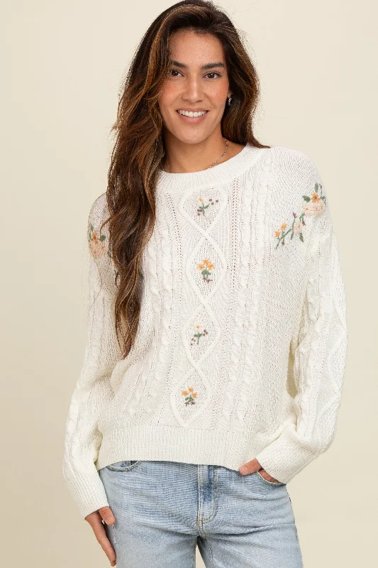 V - Neck Women's Ribbed Wool Sweaters for FallIvory Embroidered Flower Cable Knit Sweater