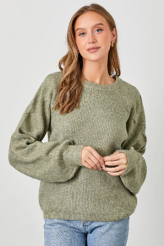 High - Low Hem Women's Cashmere - Blended SweatersLight Olive Speckled Knit Contrast Sleeve Sweater