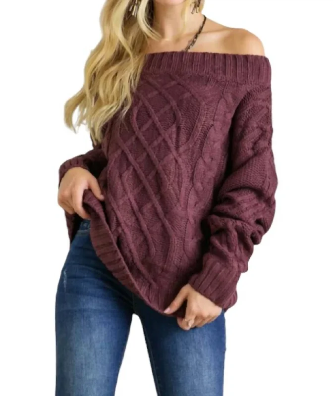 Cropped Women's Angora Blend Sweaters for a Trendy LookLizzie Cable Knit Bardot Sweater In Eggplant