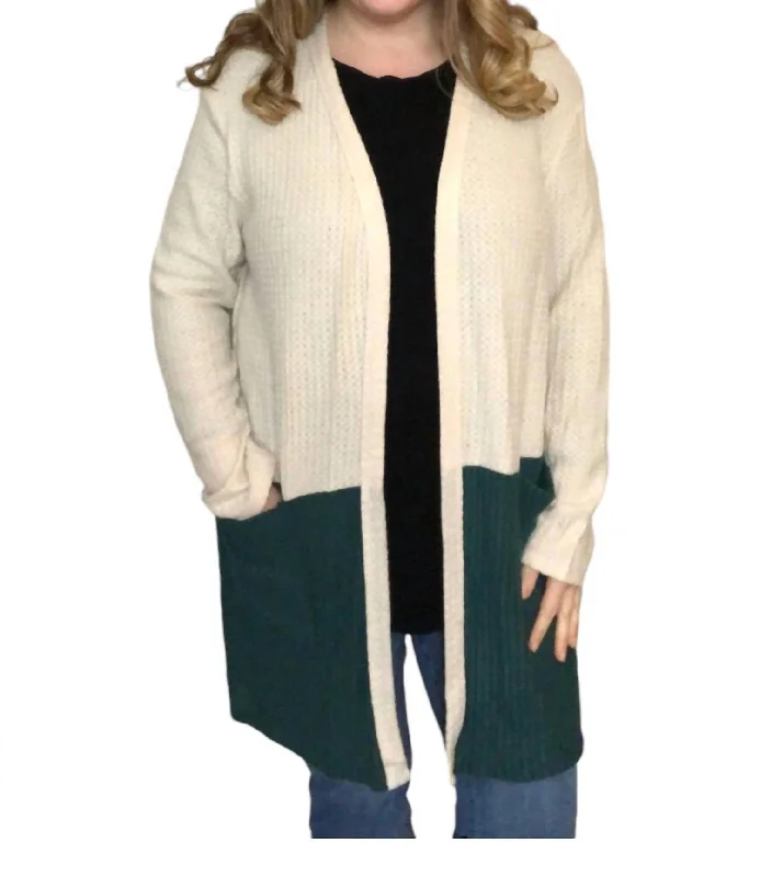 Plus Size Women's Ruffled Hem Sweaters in Floral PrintsLong Waffle Sweater In Cream & Teal