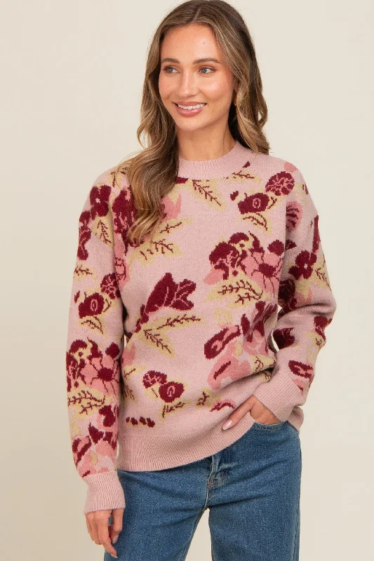 Boat Neck Women's Merino Wool Sweaters in Neutral ShadesMauve Floral Print Crew Neck Sweater