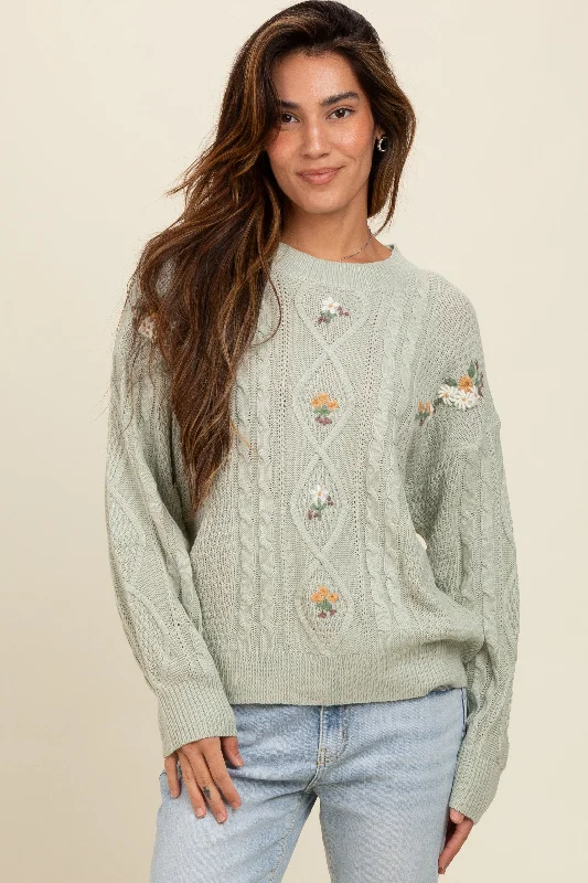 Sleeveless Women's Silk - Trimmed Sweaters for SummerMint Green Embroidered Flower Cable Knit Sweater