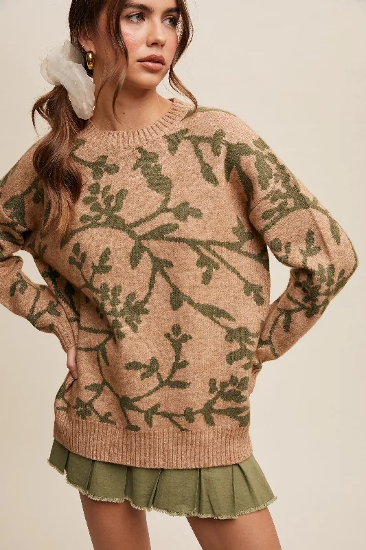 High - Low Hem Women's Cashmere - Blended SweatersOlive Floral Drop Shoulder Sweater