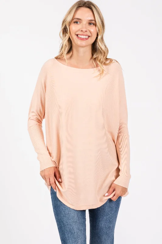 Boat Neck Women's Merino Wool Sweaters in Neutral ShadesPeach Soft Knit Boatneck Dolman Sleeve Sweater