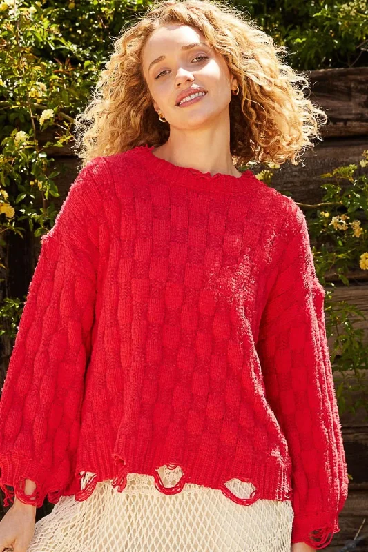 Mock Neck Women's Alpaca Wool Sweaters in Earth TonesHot Girl Checkered Distressed Edge Sweater In Candy Apple Red