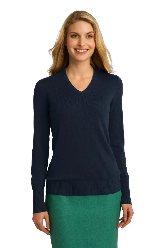 Split - Hem Women's Linen Blend Sweaters for SpringPort Authority Womens Long Sleeve V-Neck Sweater - Navy Blue