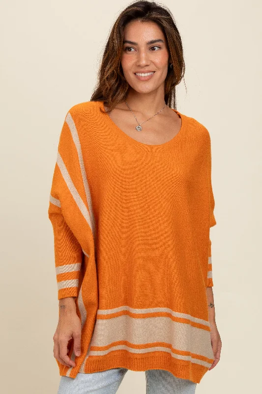 Women's Long Sleeve Turtleneck Cashmere SweatersRust Mixed Stripe Dolman Sleeve Sweater