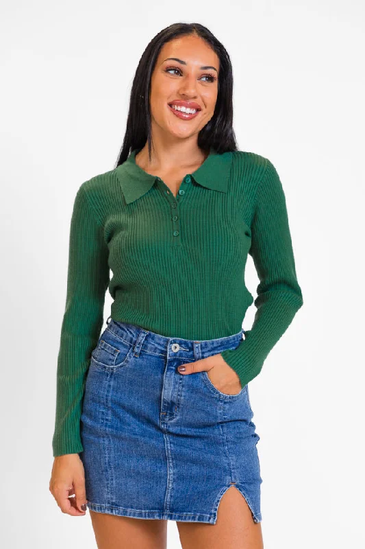 V - Neck Women's Ribbed Wool Sweaters for FallThe Only Way Evergreen Collared Sweater