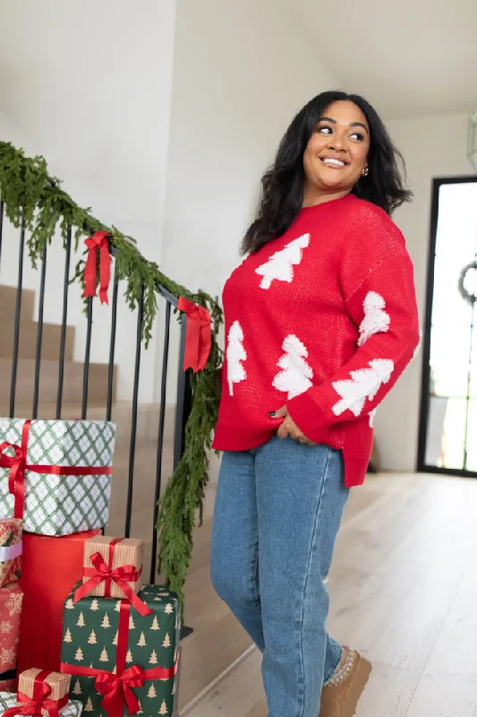 Boat Neck Women's Merino Wool Sweaters in Neutral ShadesUnder The Mistletoe Red Christmas Tree Sweater