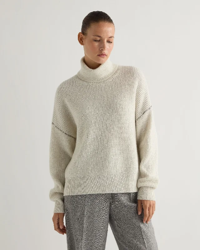 Button - Down Women's Shetland Wool Sweaters in Traditional PatternsWomen's Metal Trim Turtle Neck Cashmere Sweater With Lurex Snow Grey Sparkle