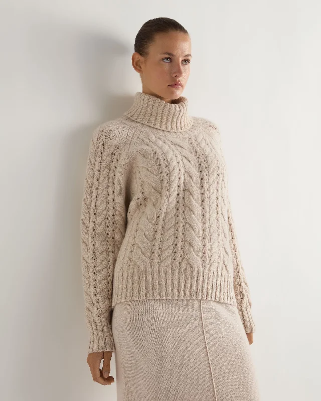 Open - Front Women's Cardigan - Style Mohair SweatersWomen's Open Cable Turtle Neck Cashmere Sweater Ecru White