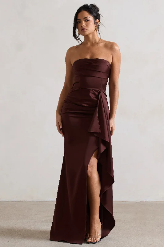 Pleated Women Dress with a Timeless and Elegant TextureAce | Chocolate Brown Satin Bandeau Split Maxi Dress With Ruffle Drape