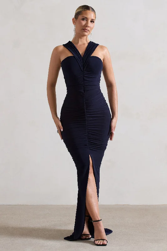 Long - Sleeve Women Dress in Velvet for a Luxurious Winter LookAida | Navy Ruched V-Neck Split Maxi Dress