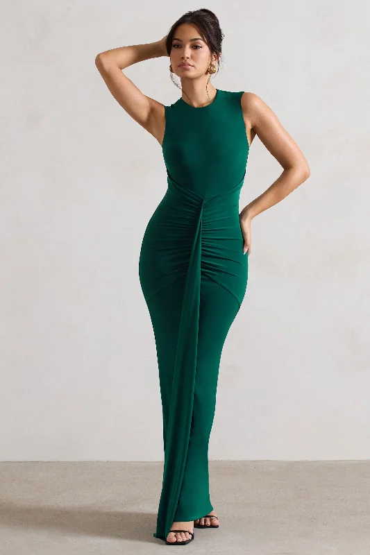 Sheath Women Dress with a Tailored Fit for a Professional LookAlexa | Bottle Green High-Neck Gathered Maxi Dress With Drape