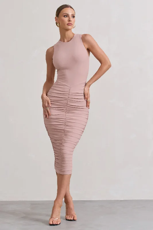 Ruffled Women Dress with Multiple Layers for a Playful and Girly StyleAntonia | Champagne Sleeveless Ruched Bodycon Midi Dress