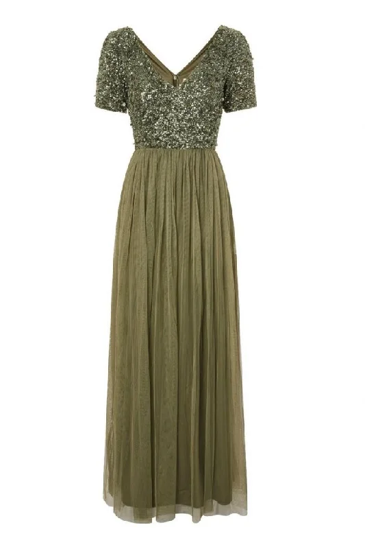 Lace - Embellished Women Dress for an Elegant and Sophisticated AppearanceChandelier Embellished Maxi Dress in Dark Olive