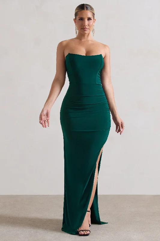 Lace - Embellished Women Dress for an Elegant and Sophisticated AppearanceEletta | Bottle Green Ruched Bandeau Asymmetric Maxi Dress