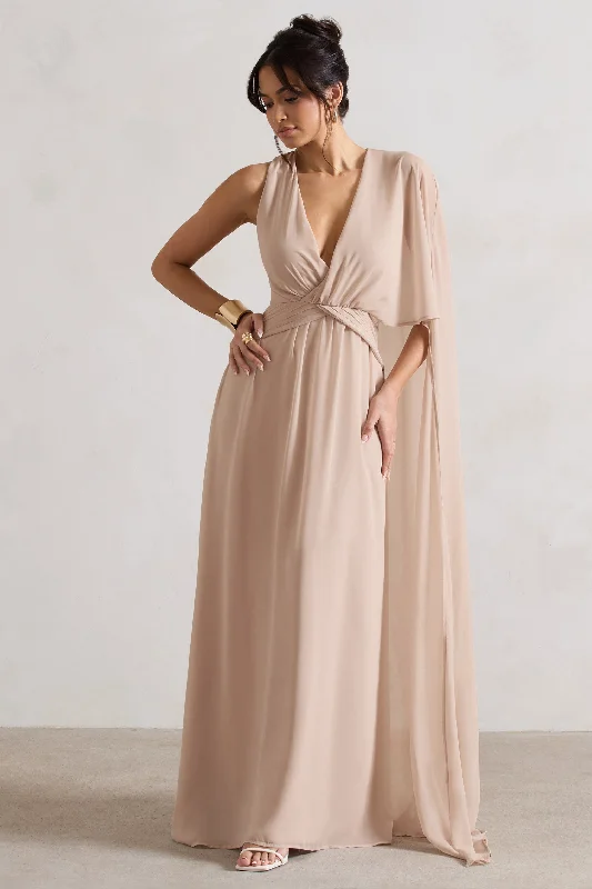 Shift Women Dress with a Simple and Classic Design for Everyday WearFairytale | Champagne Plunge-Neck Chiffon Maxi Dress With Cape Sleeve