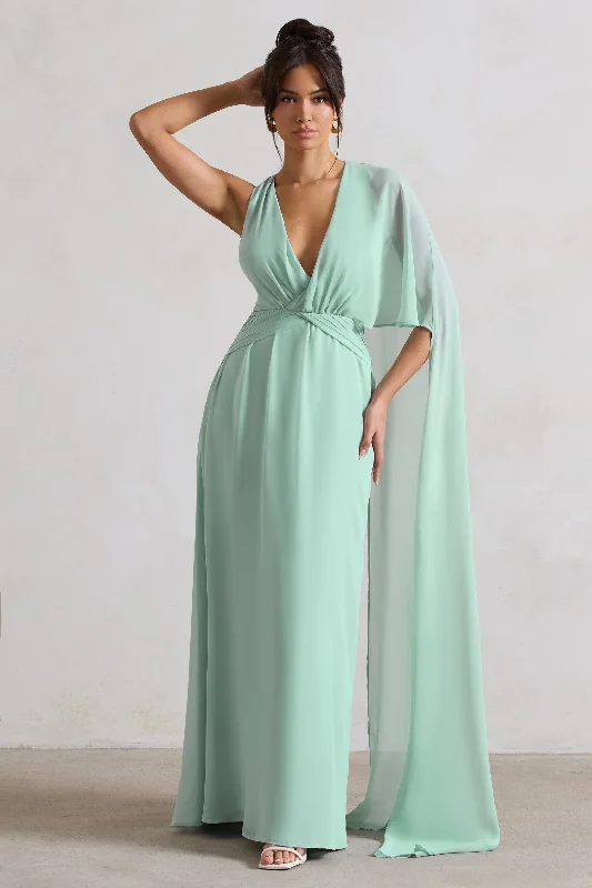 Sleeveless Women Dress in Bright Colors for Summer PartiesFairytale | Sage Plunge-Neck Chiffon Maxi Dress With Cape Sleeve