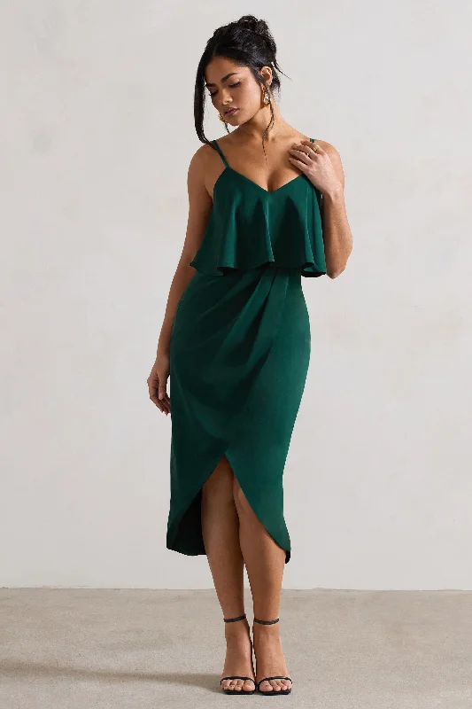 Empire Waist Women Dress to Accentuate the Bust and Conceal the WaistFaro | Bottle Green Strappy Draped-Neck Wrap Midi Dress