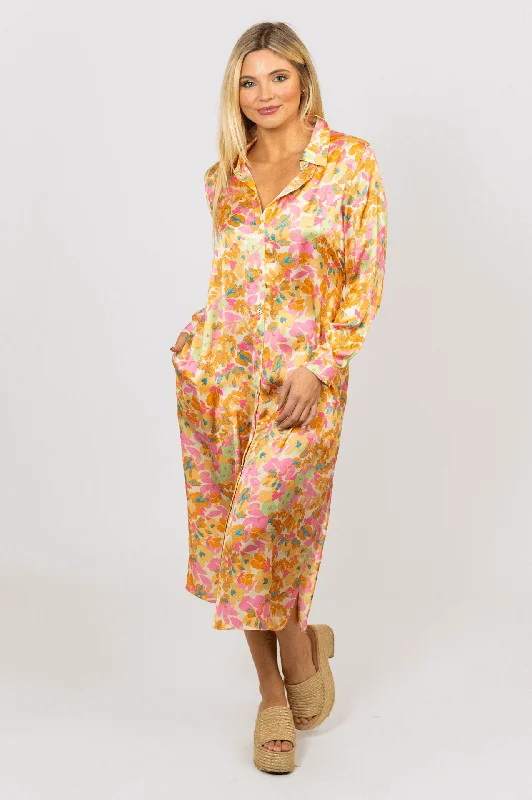 Plus Size Women Dress with a Flattering A - Line Cut for Comfort and StyleFloral Satin Shirt Dress