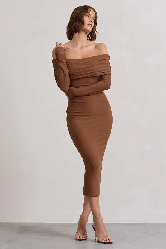 Mermaid - Style Women Dress with a Fitted Silhouette for Special OccasionsIntercept | Brown Bodycon Bardot Tie-Back Midi Dress