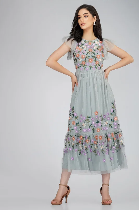 Pleated Women Dress with a Timeless and Elegant TextureIris Dusty Blue Embroidered Dress